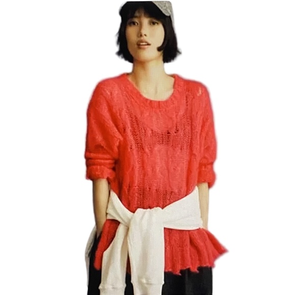 NEW ANTHROPOLOGIE Posey Stitchy Distressed Sweater Petite XS Hot Pink Wool Blend - Picture 4 of 16